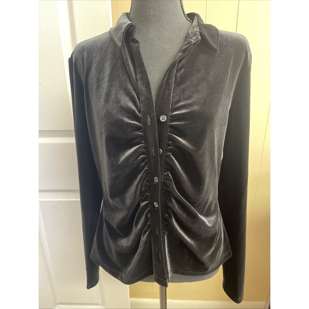 SANCTUARY Black Velvet Top Small Ruched Button Front Collared Long‎ Sleeve NEW